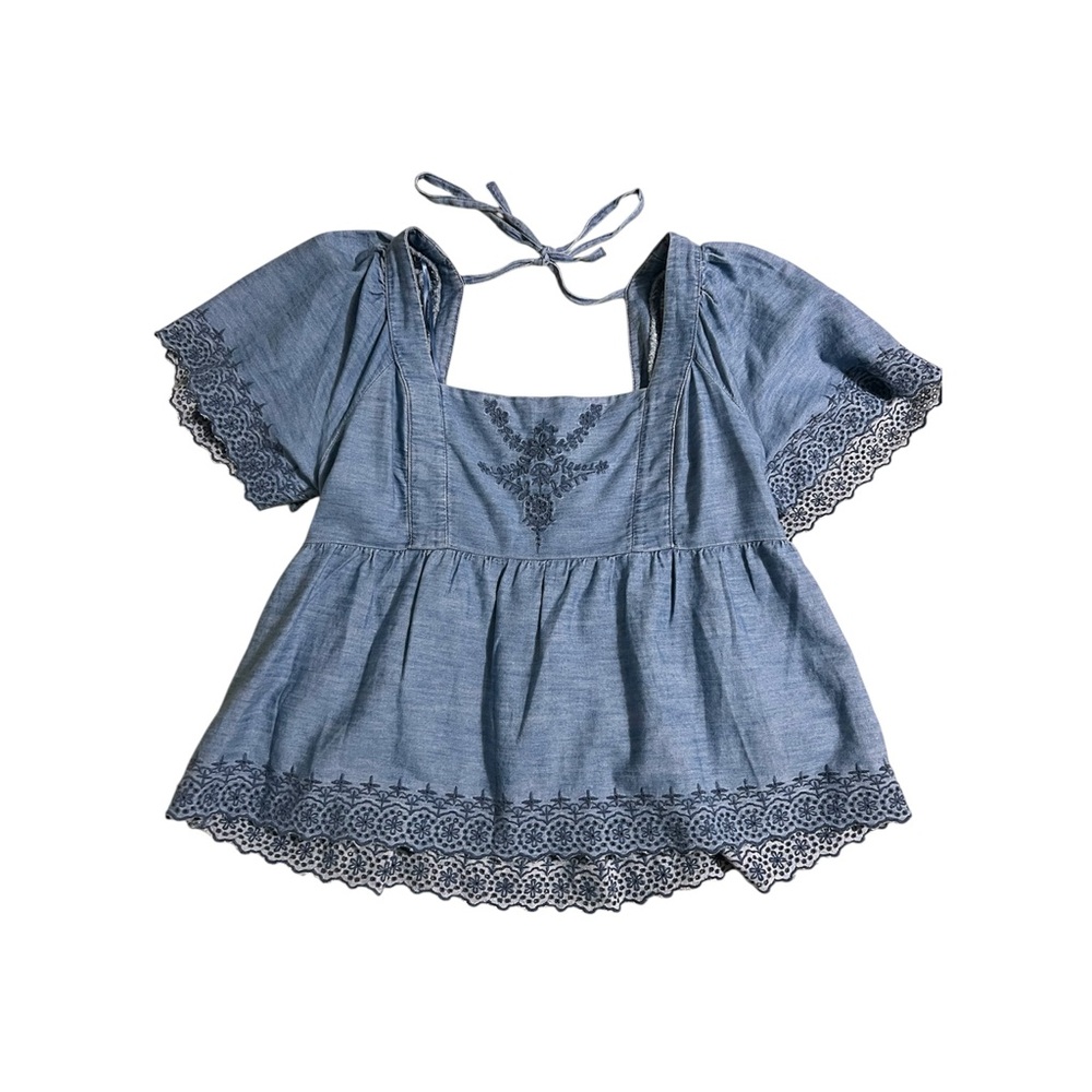 NWOT Old Navy Womens Boho Chambray Denim Flutter Sleeve Top Shirt Tie Back
